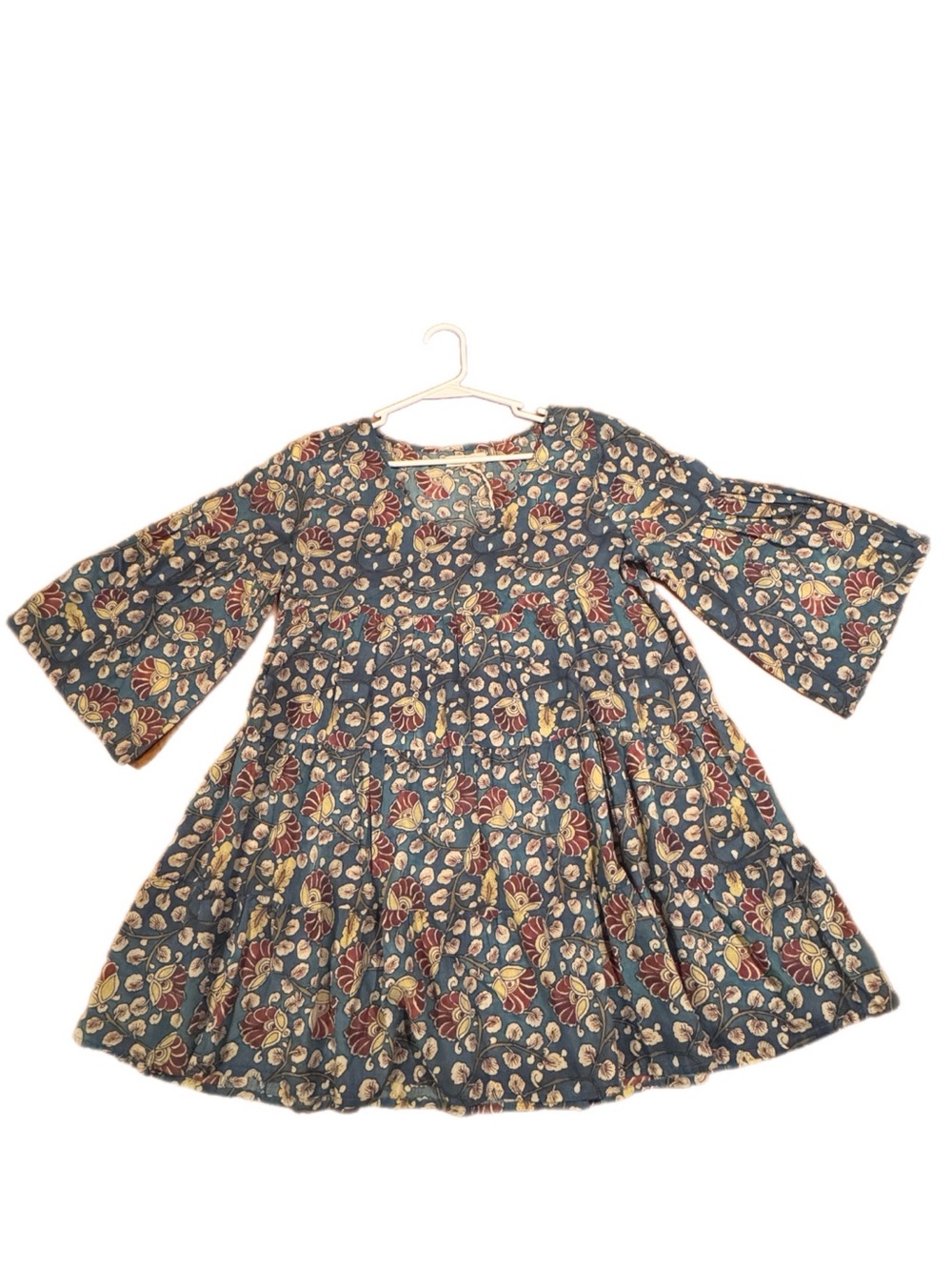 NATURAL LIFE Teal Floral Bell-Sleeve Dress w/Burgundy and Cream Accents Size M